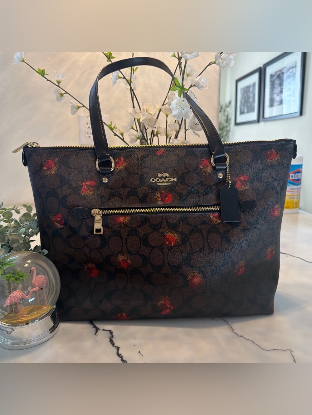 Coach Brown Signature Monogram Tote with Red Floral Accents - Picture 2 of 15
